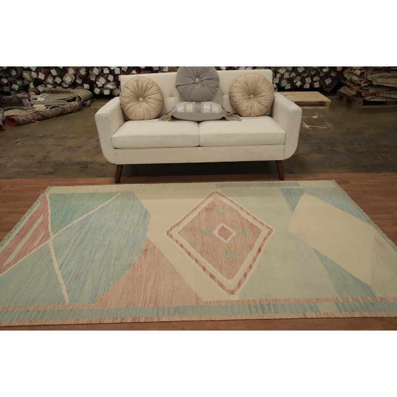 Hand Woven Oriental 100% Wool Carpet Southwestern Modern Navy Blue & Blues Kilim Area Rug - 7' 11'' X 5' 0''