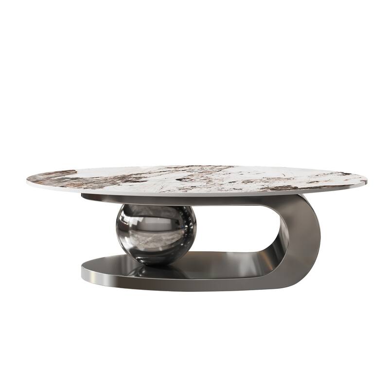 Modern Coffee Table Fish Belly White Marble Coffee Table Stainless Steel Base and Adjustable Feet, for Living Room