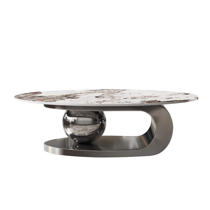 Modern Oval Coffee Table End Table with Sintered Stone Top, Accent Table with Veining and Central Ball Support