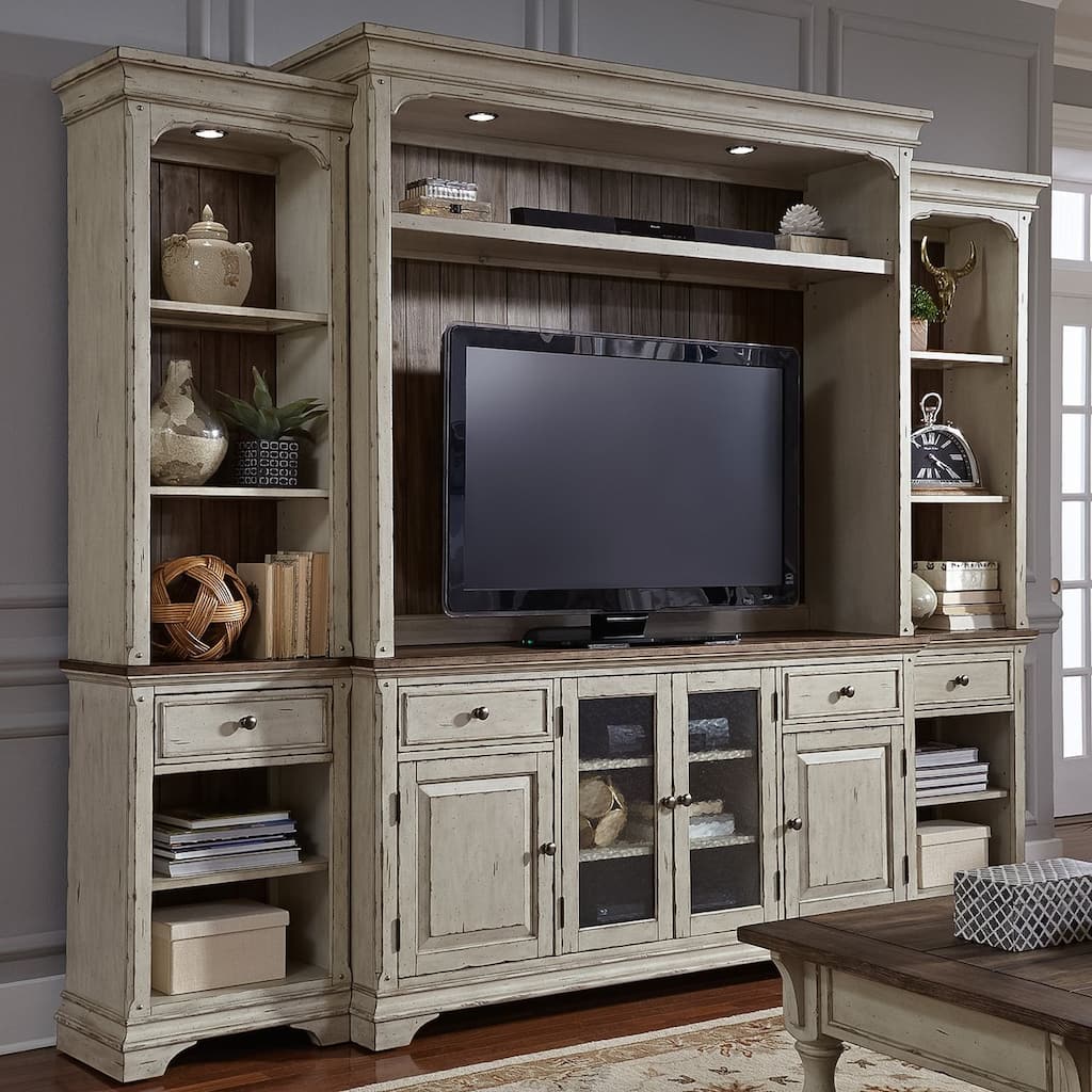 Morgan Creek Antique White Entertainment Center with Piers