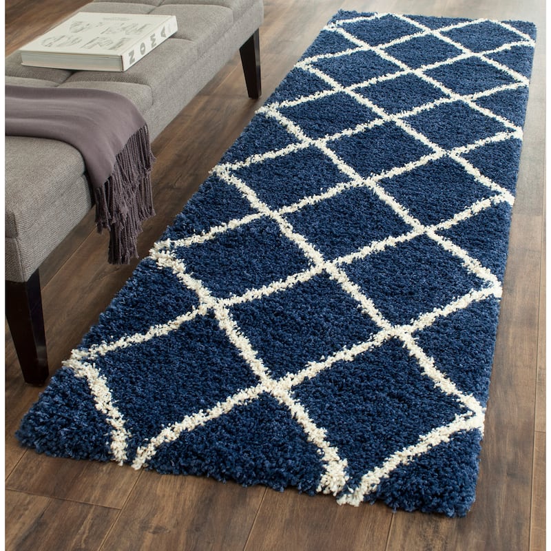 SAFAVIEH Hudson Shag Estella Diamond Trellis 2-inch Thick Rug - 2'3" x 20' Runner - Navy/Ivory