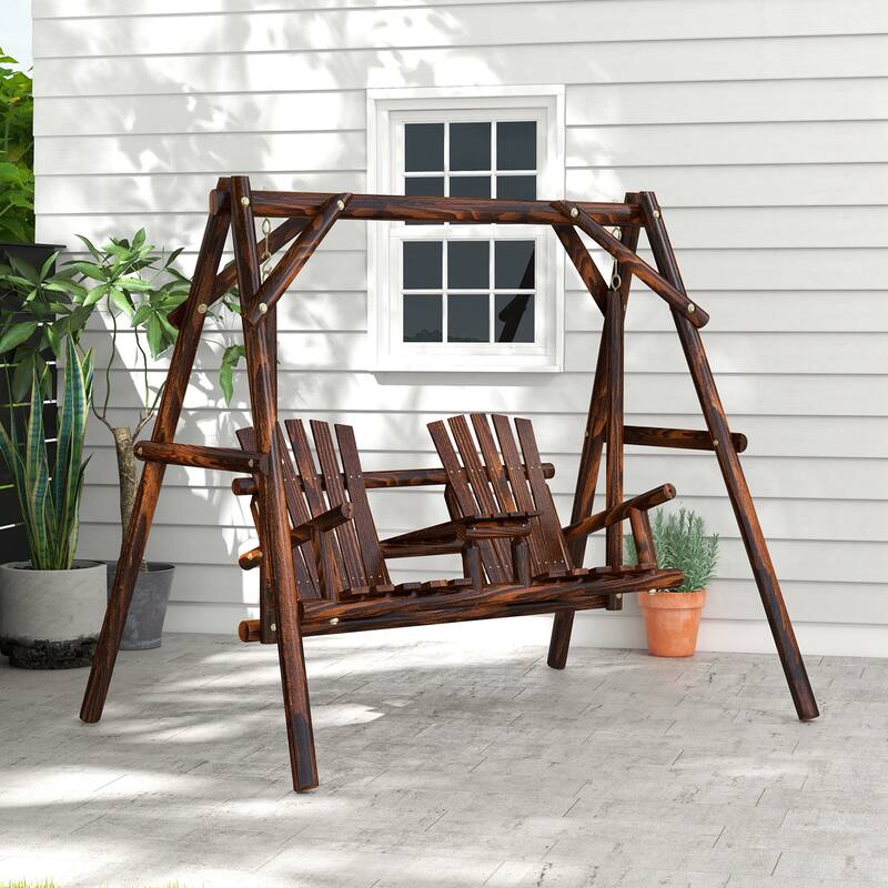 Outsunny Outdoor Adirondack Chair 2 Seat Freestanding Solid Wood Rustic Log Swing - Brown