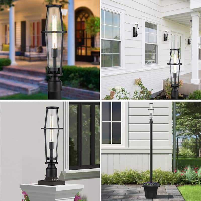1-Light Black Outdoor Post Lantern with Clear Glass Shade