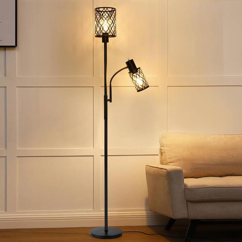 72" Farmhouse Floor Lamps with Adjustable Reading Lamp, 2-Light Lamps with 2 Edison Bulbs