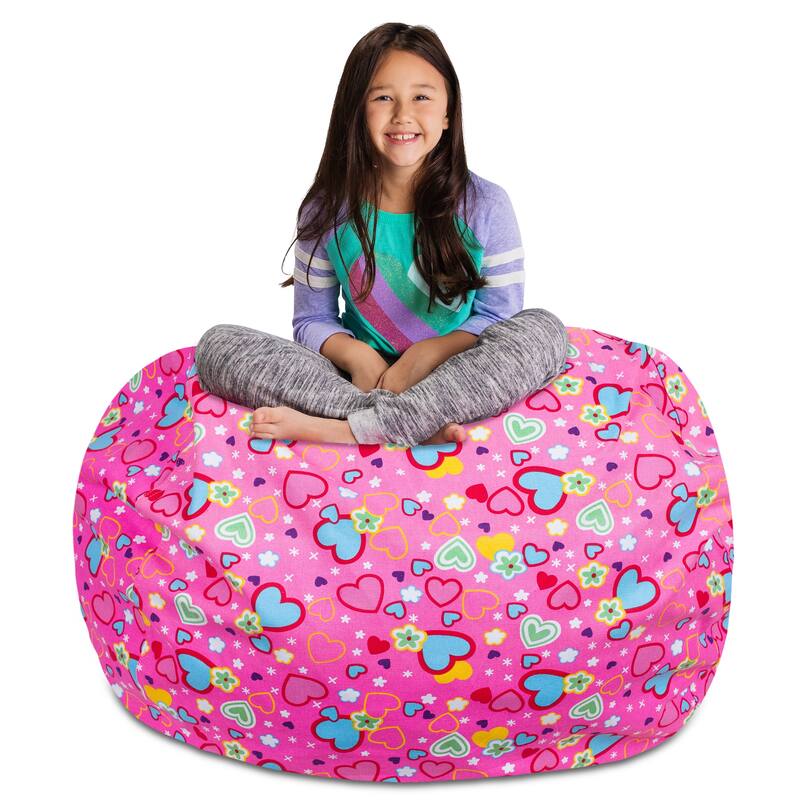 Kids' Stuffed Animal Storage Bean Bag Chair Cover or Toy Organizer - 48 Inches Extra Large - Canvas Multi-colored Hearts on Pink