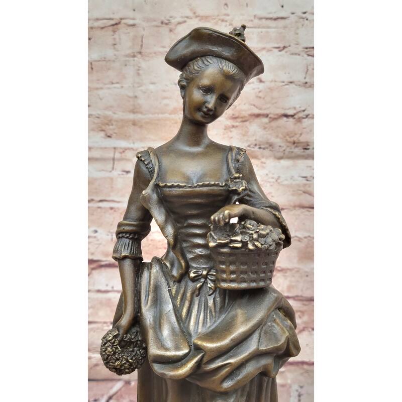 Bronze Sculpture Of Woman In Traditional Dress Holding Basket Of Flowers - Rustic Country Lady Statue
