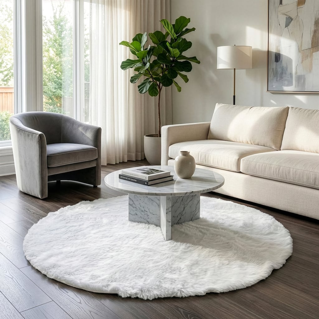 Aurora White Round imitative Fur Area Rug 4 Foot Wide - 4' Round - 4' Round