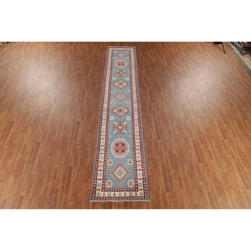 Light Blue Kazak Runner Rug Hallway Hand-Knotted Wool Carpet - 2'10" x 15'2"