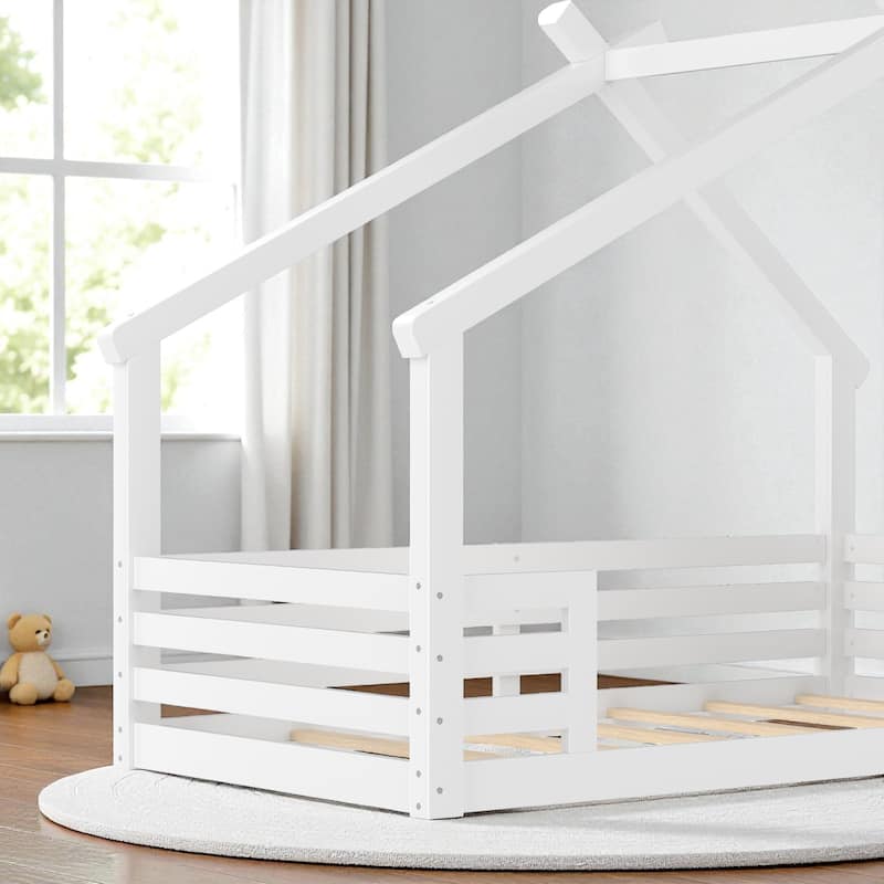 Twin/Full Size Solid Wood House Floor Bed with Window and Shelf, Montessori Low Bed Frame for Kids, No Box Spring Needed