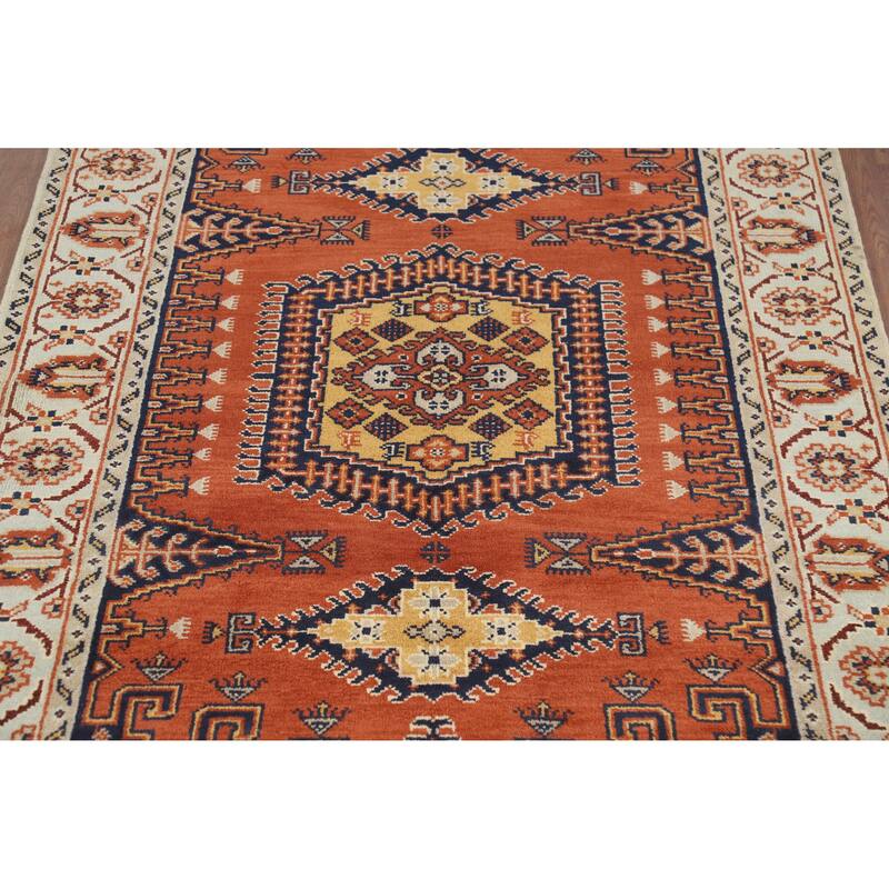 Orange Geometric Viss Indian Area Rug Handmade Wool Carpet - 5'2" x 8'0"