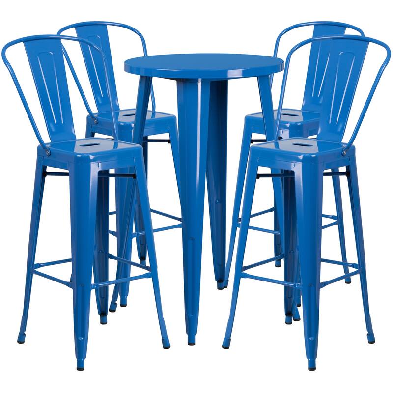 24'' Round Metal Indoor-Outdoor Bar Table Set with 4 Cafe Stools - 24"W x 24"D x 41"H