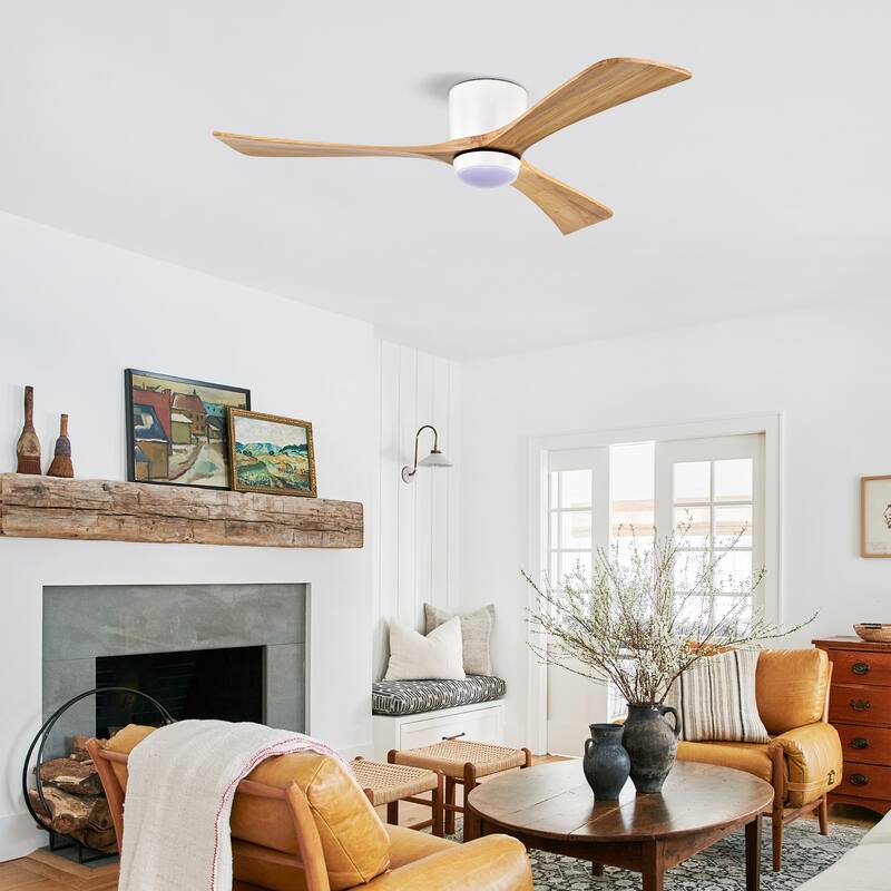 52" Flush Mount Solid Wood Blades Ceiling Fan with Lights Remote Control, Quiet DC Motor, 6 Speed, Reversible Ceiling Fan