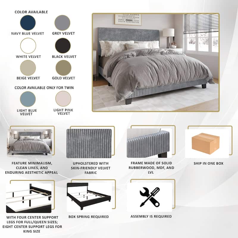 CraftPorch Corduroy 4-pieces Mid-Century Modern Grey Bed with Brown Furniture Bedroom Set