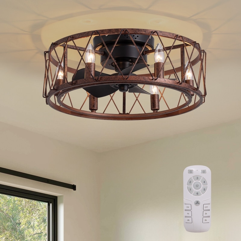 20" Industrial Antiqued Rust Fanlight Modern Flush Mount Caged Ceiling Fan With Lights and Remote For Dining Living Room - 20in.