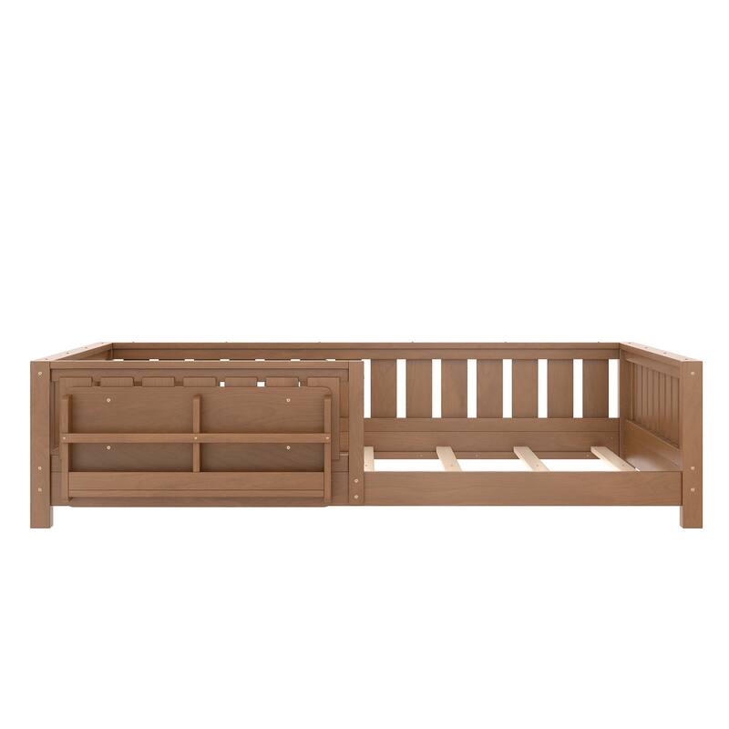 Montessori Floor Bed Low Profile Kids Bed with Rails & Bookshelf