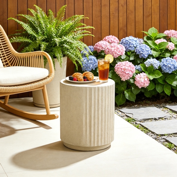 Outdoor Side Table, Cylinder Shaped MgO Patio End Table