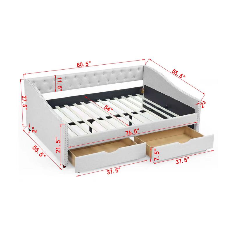 Tufted Button Daybed with 2 Storage Drawers/Upholstered Sofa Bed Frame w/Copper Nail on Waved Shape Armrests/No Spring Box Need
