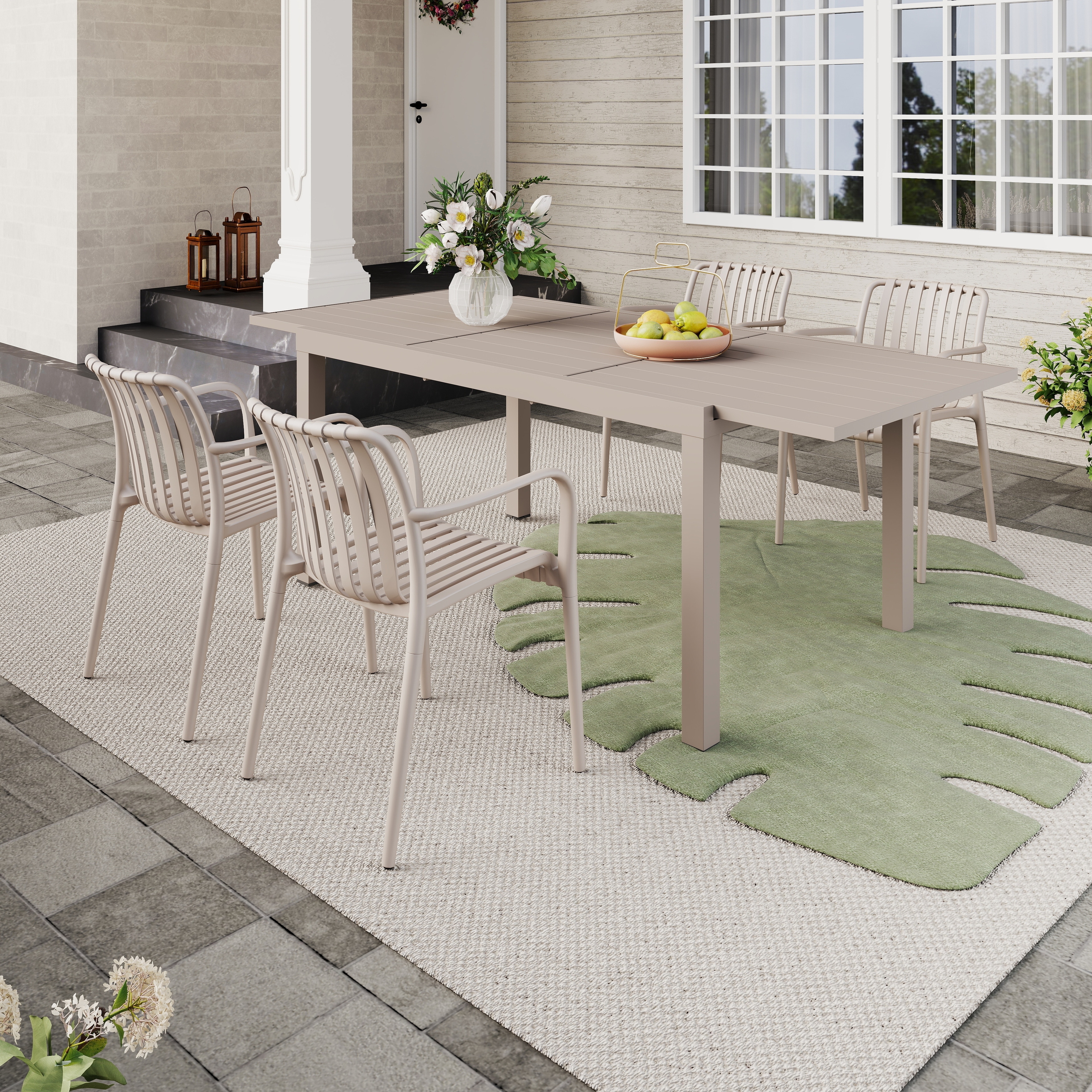 Outdoor Dining Set 5-Piece Stackable Plastic Lightweight Dining Armchair and Extendable Dining Table