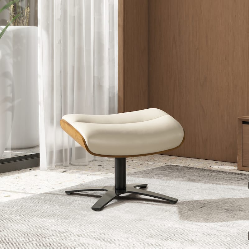 Jovan 20.5" Mid-Century Modern Genuine Leather Footstool Ottoman - Pastel Beige Leather