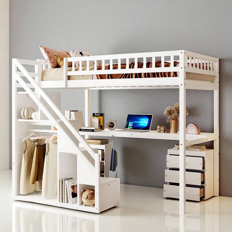 Twin/Full Loft Bed with Desk, 2 Storage Drawers, LED Light Strip, Side Stairs, Study & Space-Saving Design