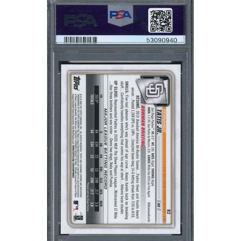 Fernando Tatis Jr 2020 Bowman Chrome Baseball Card #82 Graded PSA 10 - 8'6" x 11'6"