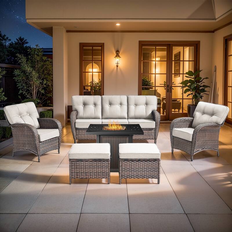 Pocassy Outdoor 30 In Fire Table with Sofa Patio Swivel Chair Set - Brown Wicker Beige Cushion - 8-Piece Sofa Patio Chair Ottoman with Fire Table