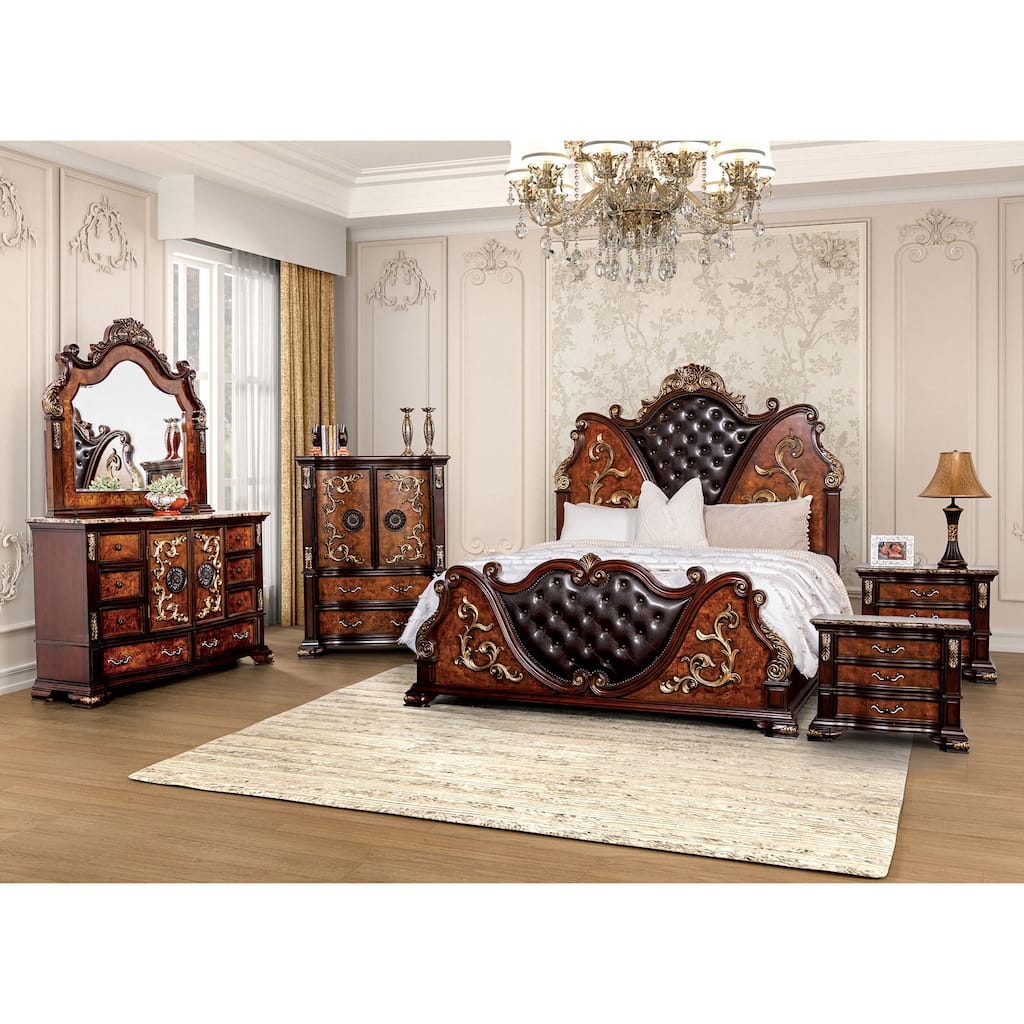 Furniture of America Cresswell Traditional 6-Piece Dark Cherry Faux Leather Tufted Panel Bedroom Set