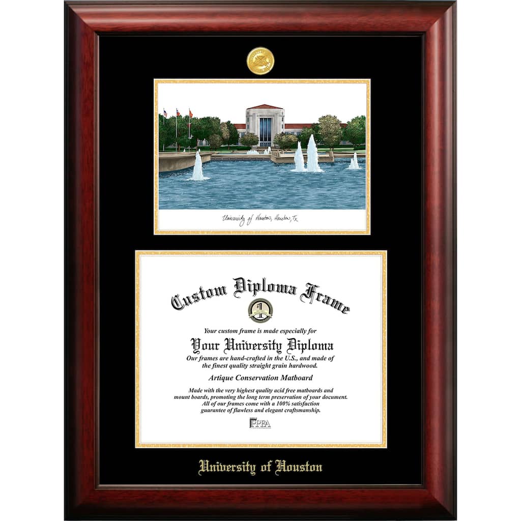 University of Houston 14w x 11h Gold Embossed Diploma Frame with Campus Images Lithograph