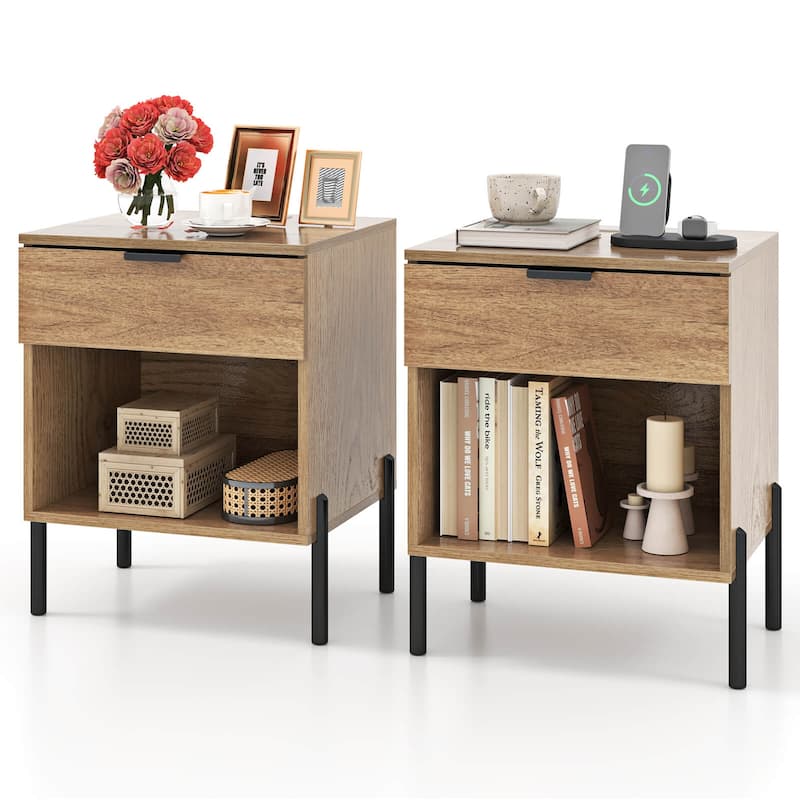 Costway Nightstand with Charging Station Drawer Compartment Modern