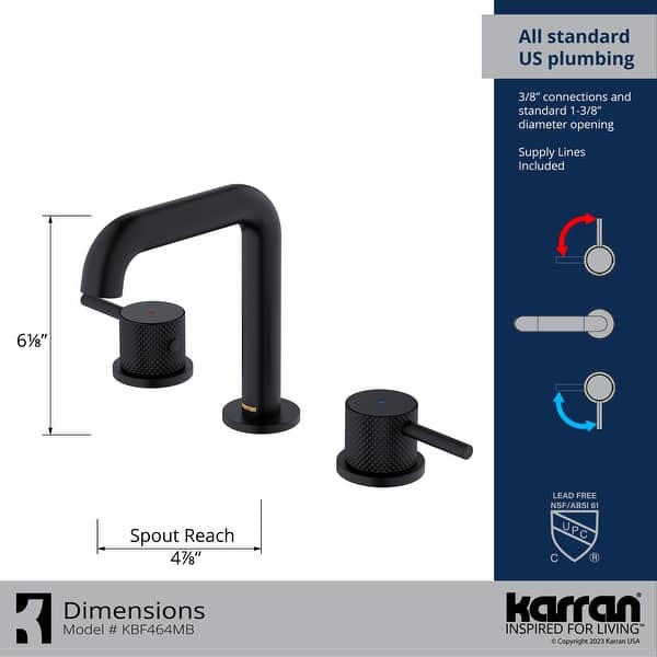 dimension image slide 2 of 3, Karran Tryst KBF464 2-Handle Three Hole Widespread Bathroom Faucet with Matching Pop-up Drain