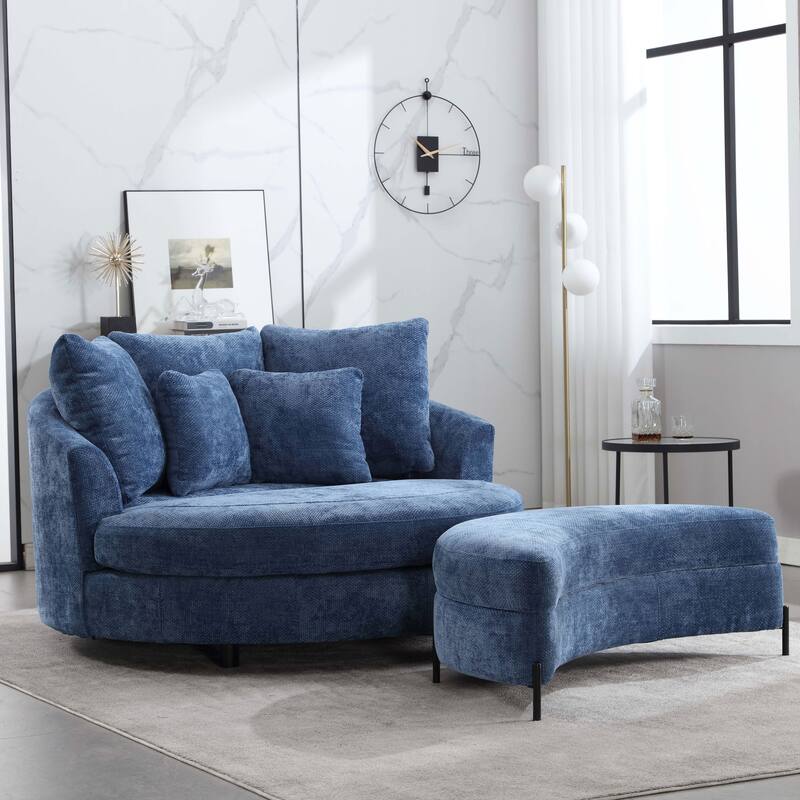 59.8''W Oversized Sofa Chair Set, Round Accent Barrel Chair With 5 Pillows and 1 Storage Ottoman