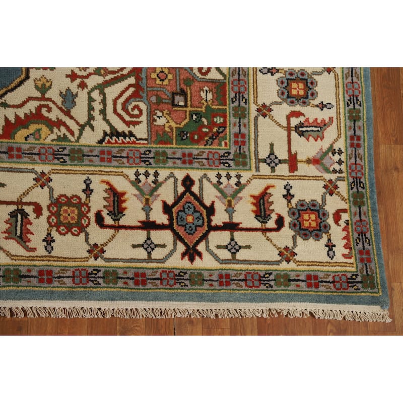 Hand Knotted Oriental 100% Wool Carpet Traditional Medallion Navy Blue & Blues Heriz (serapi) Area Rug - 11' 10'' X 8' 9''