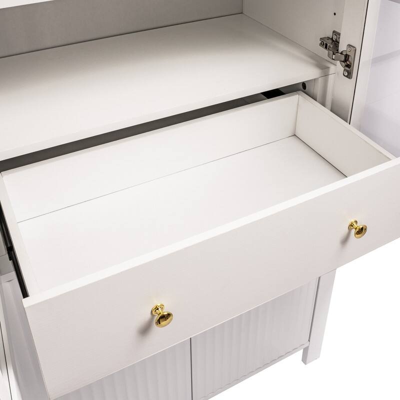 71" Tall Fluted Arched Pantry Cabinet with Glass Doors and Adjustable Shelves for Elegant Kitchen Storage