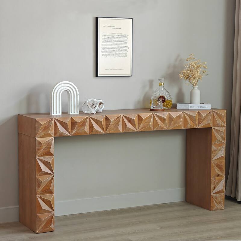 Modern Geometric Wooden Console Table - Natural Wood Finish with Handcrafted 3D Design
