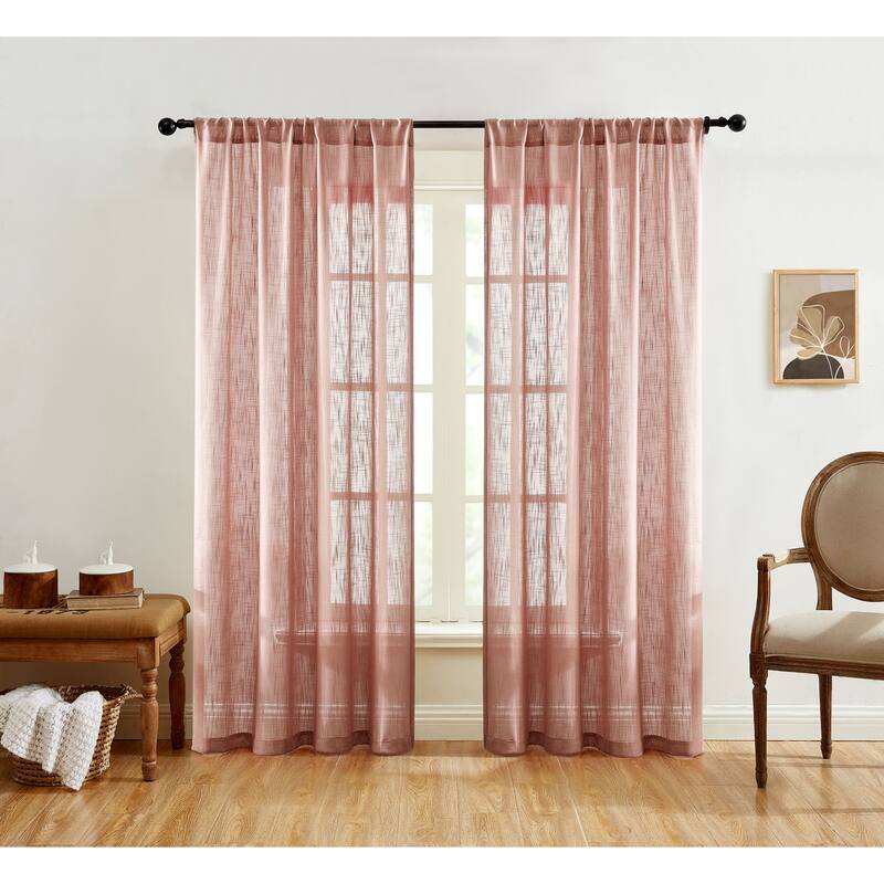 HLC.me Linda Faux Linen Textured Semi Sheer Privacy Sun Light Filtering Window Rod Pocket Curtains Panels, 2 Panel - 54 W x 84 L per panel - Set of 2 - Blush Pink