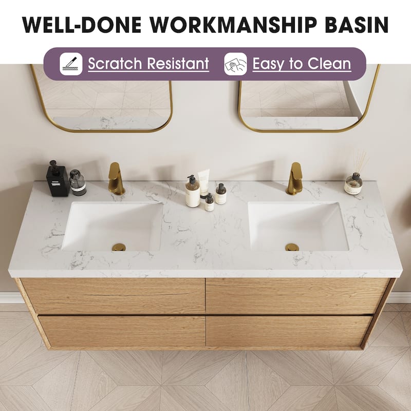 Sylphar 60 inch Bathroom Vanity with Sink, Floating Oak Cabinet with Stone Top
