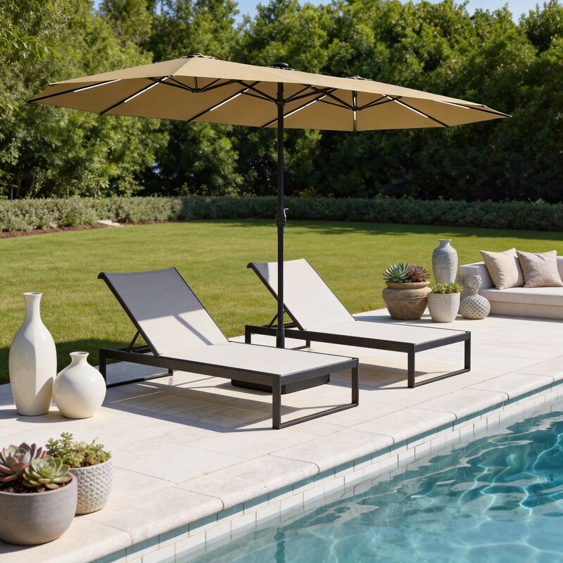 15FT Solar LED Double-Sided Patio Umbrella with Base, 12 Light Strips, 2000mAh