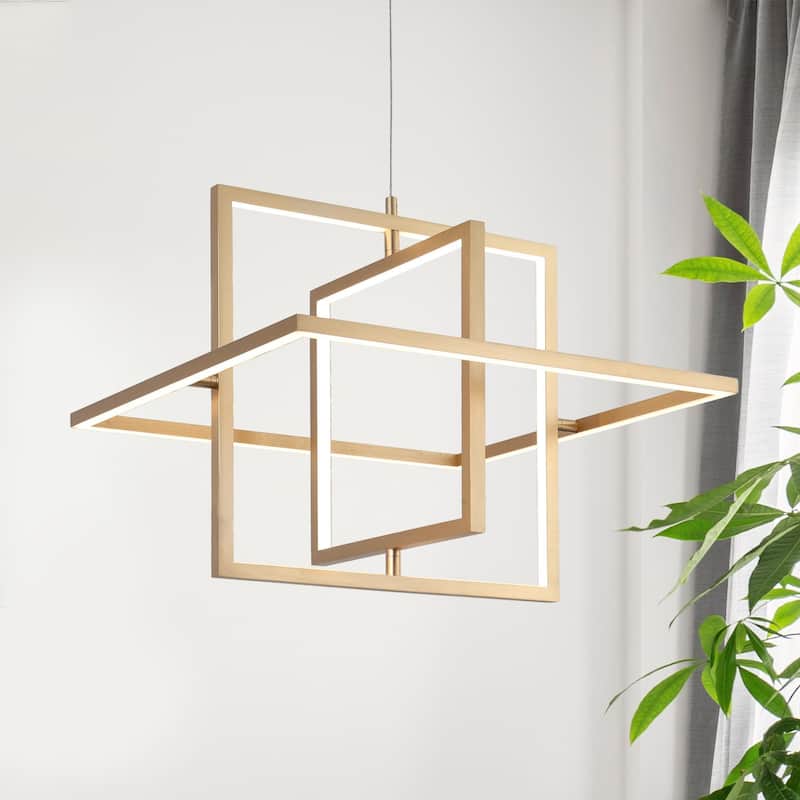 Modern 1-Light Gold Integrated LED Chandelier Square Geometric Pendant Lights for Dining Room - 19.5" L x 19.5" W x 17" H