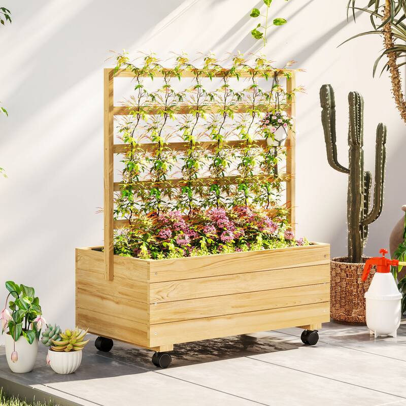 Outsunny Raised Garden Bed with Trellis and Wheels, Outdoor Wooden Elevated Planter Box, Freestanding Raised Flower Bed