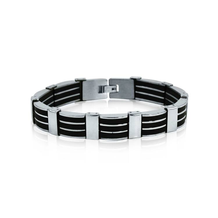 Oxford Ivy Men's Stainless Steel 3-Row Black Rubber Bracelet 8 1/4 inches