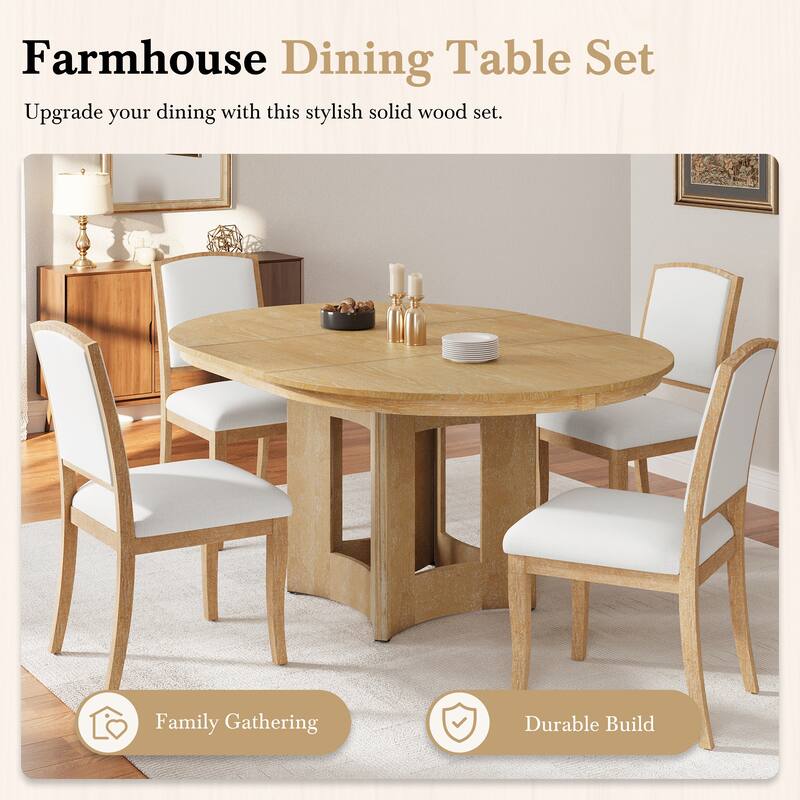 Extendable Round Dining Table Set for 4, 5-Piece Kitchen Table Set with 4 Upholstered Chairs and 16inch Removable Leaf