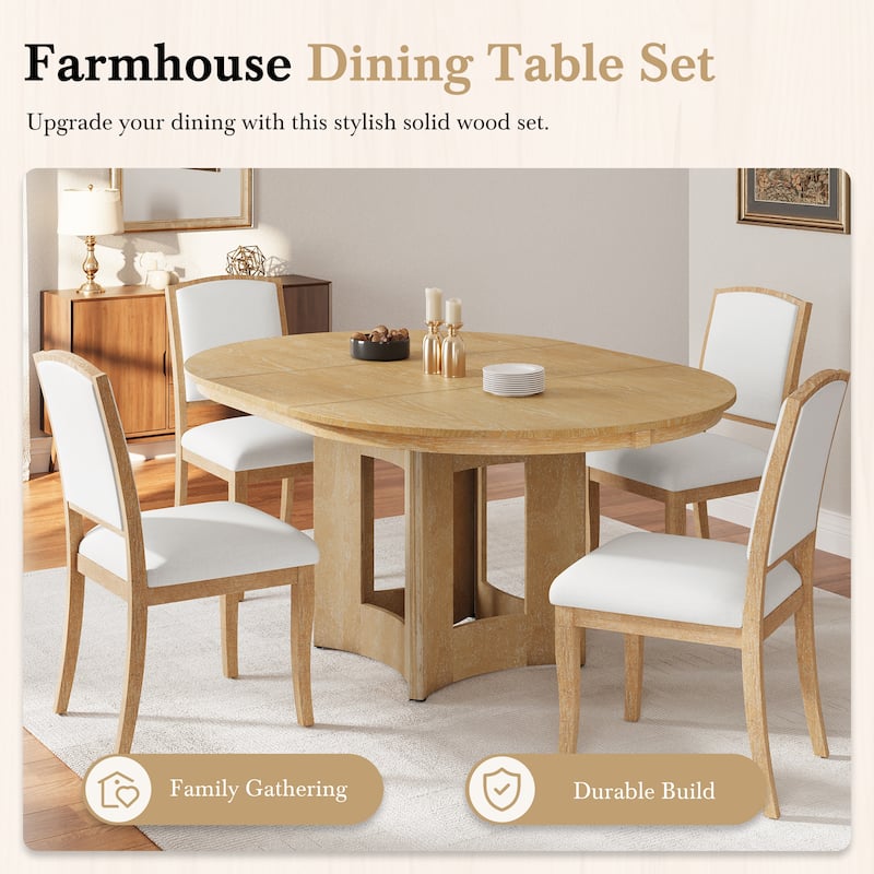 Farmhouse 5-Piece Round Extendable Dining Table Set for 4, Modern Wood Table with 4 Upholstered Chairs & 16" Removable Leaf