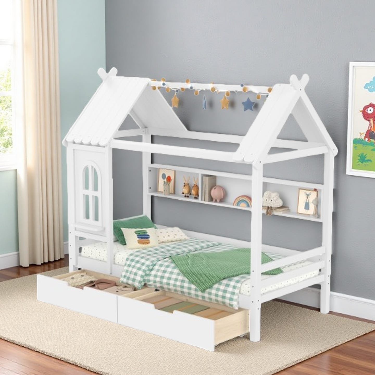 Twin Size House Platform Bed with Roof and Window, Solid Wood Bed Frame with Storage Drawers and Built-In Shelves