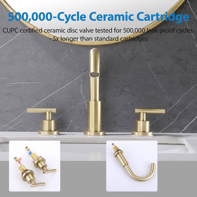 Modland Widespread 3-Hole Bathroom Faucet, 500K Cycle Ceramic Cartridge, 360 Swivel Spout & CEC Certified (Black/Gold/Nickel)