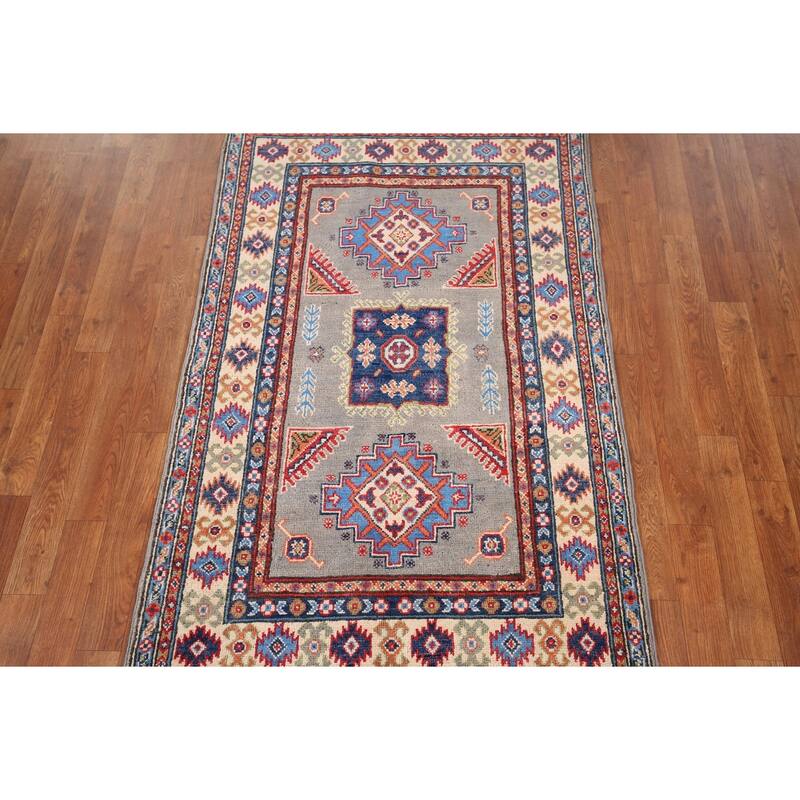 Geometric Kazak Accent Rug Hand-Knotted Traditional Wool Carpet - 3'2" x 5'0"
