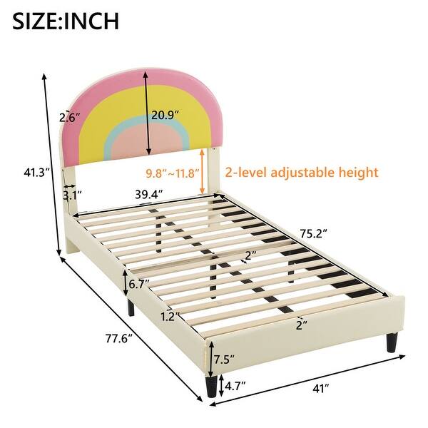 Twin Size Platform Bed with Rainbow Shaped and Height-adjustbale Headboard, Upholstered Bed with LED Light Strips, Beige