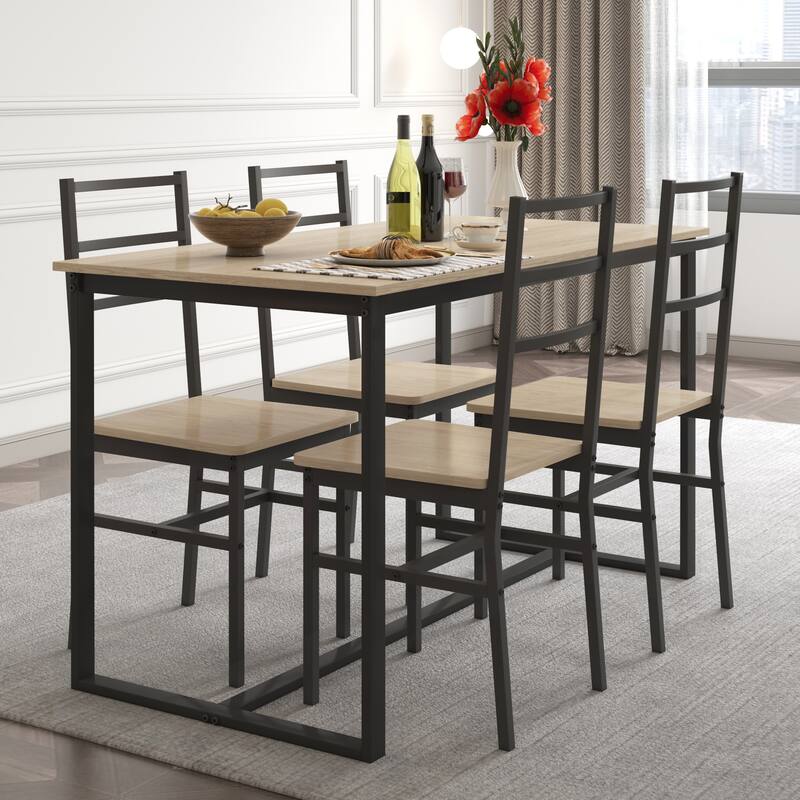 Modern 5-Piece Dining Set with Rectangular Solid Structure Table & 4 Ladder Back Chairs