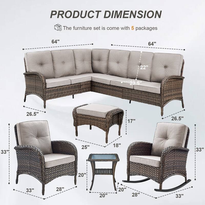 Gymojoy L-Shaped Outdoor Sectional Sofa Set with Rocking Chairs & Side Table