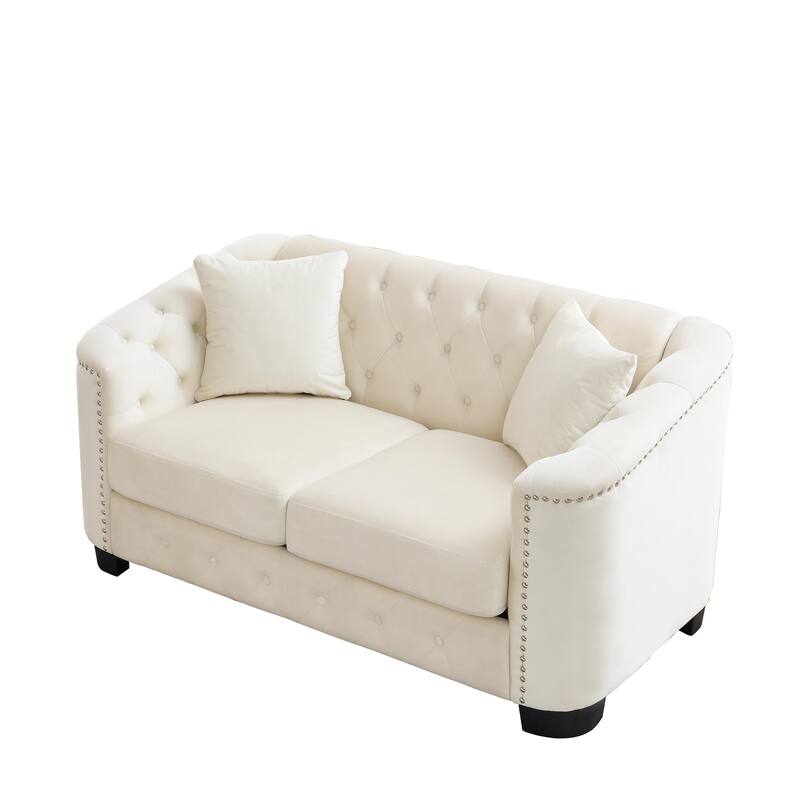 77'' Modern Velvet 3-Seater Sofa with Tufted Backrests, Nailhead Trim, and 2 Pillows