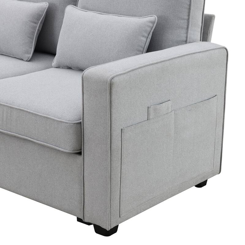 114.2" Linen Fabric Upholstered Sofa with 2 USB Ports and 2 Cupholders